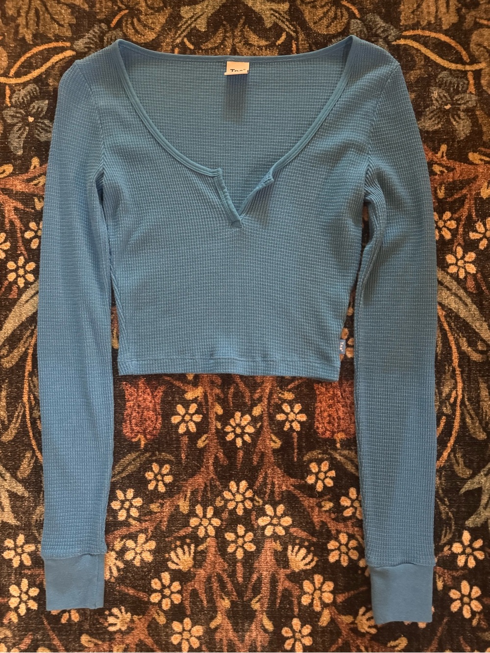 TNA Blue Cropped Waffle Knit Long Sleeve Top